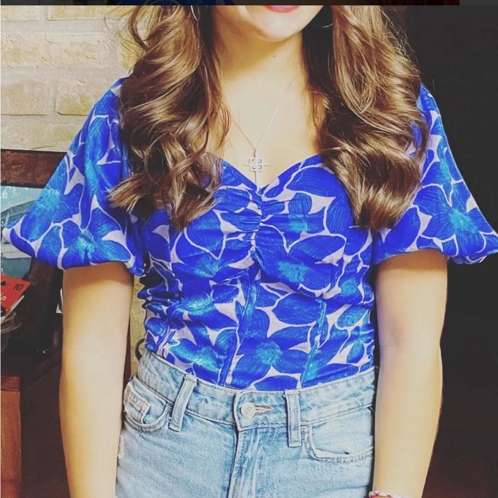 Sienna Sky Royal Blue Floral Puff-Sleeve Top
